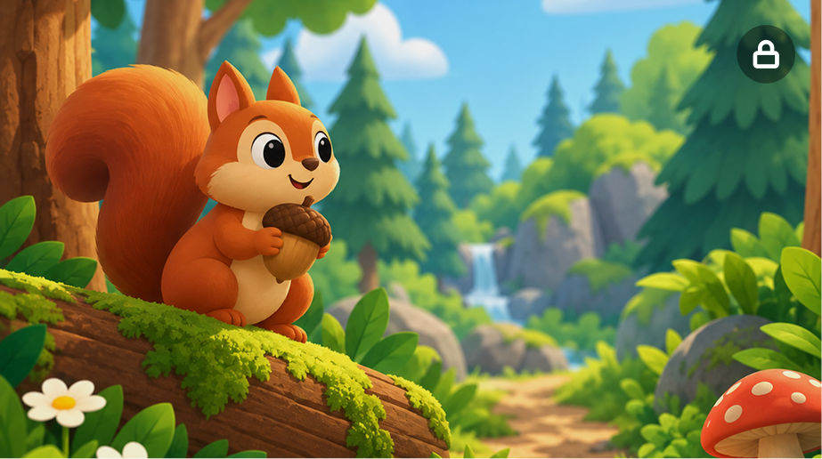 A red squirrel holding an acorn on a mossy log