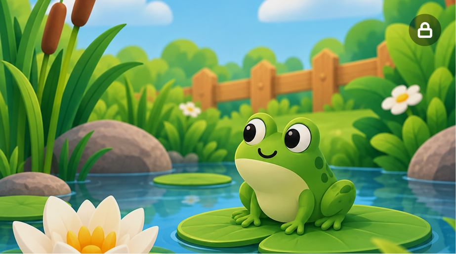 A happy green frog sitting on a lily pad in a pond