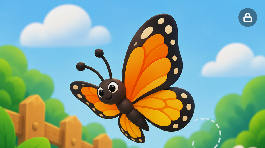 A smiling orange butterfly flying above a wooden fence