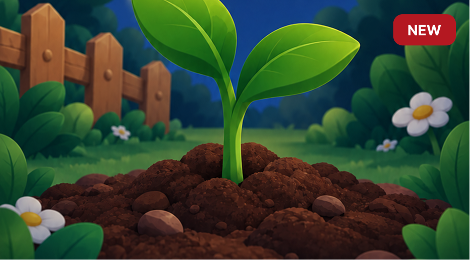 A small green seedling sprouting from dark soil at night
